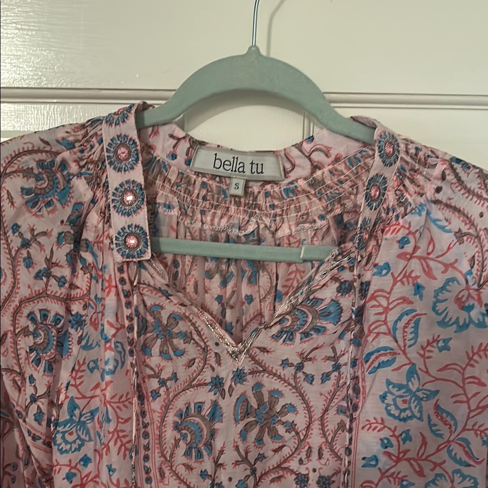 Pink Short Sleeve Buttoned Blouse with Mandarin Collar